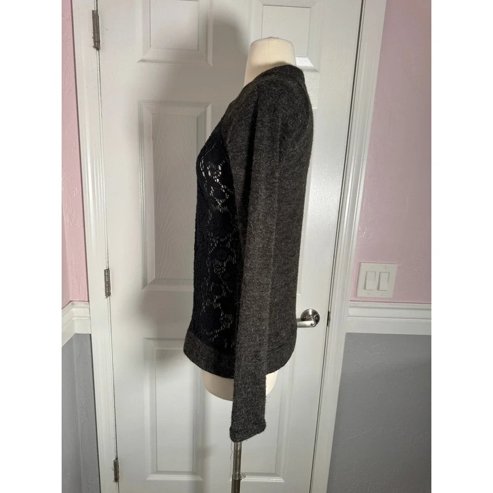 A'Reve‎ Womens Charcoal Grey Knit Cardigan Black Floral Lace Overlay V-Neck SZ S